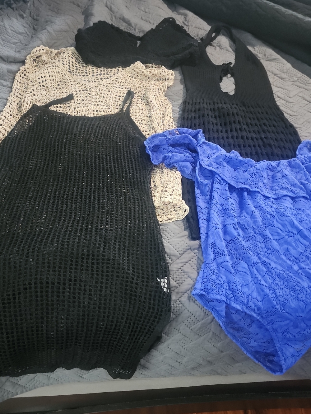 4 Pc Neutral and Black Crochet Beach Cover-Ups + Royal Blue Lace Swimsuit
